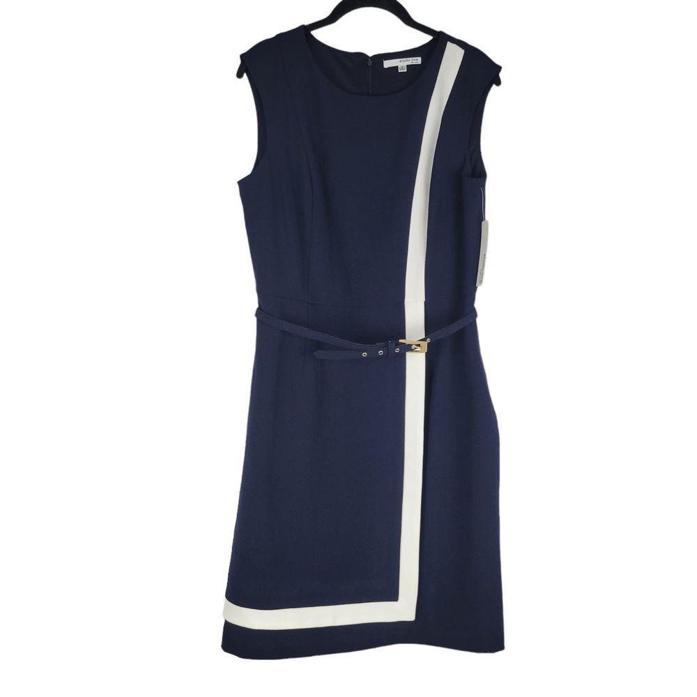 Studio One New York Womens 10 Navy And White Sleeveless Belted Sheath Dress NWT